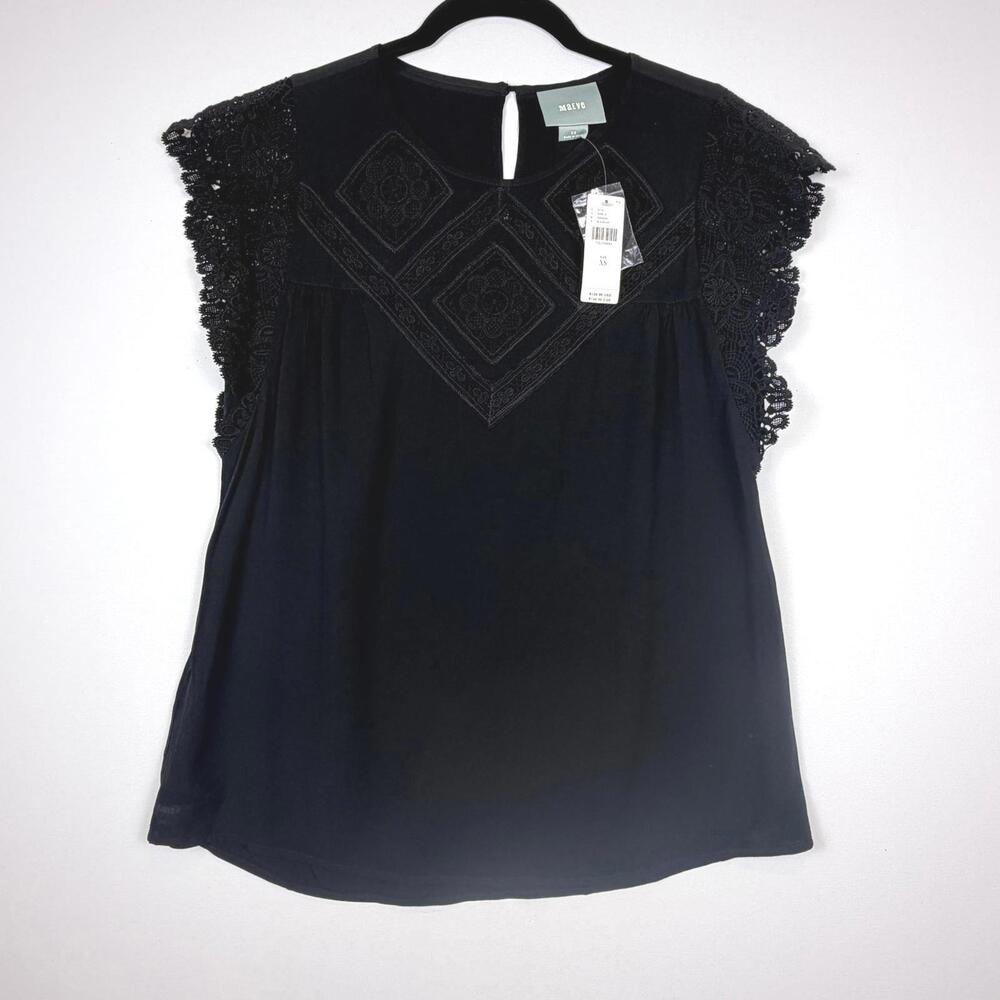 Anthropologie Maeve Blake Lace Blouse - Black Flutter Sleeve Top Size XS NWT!